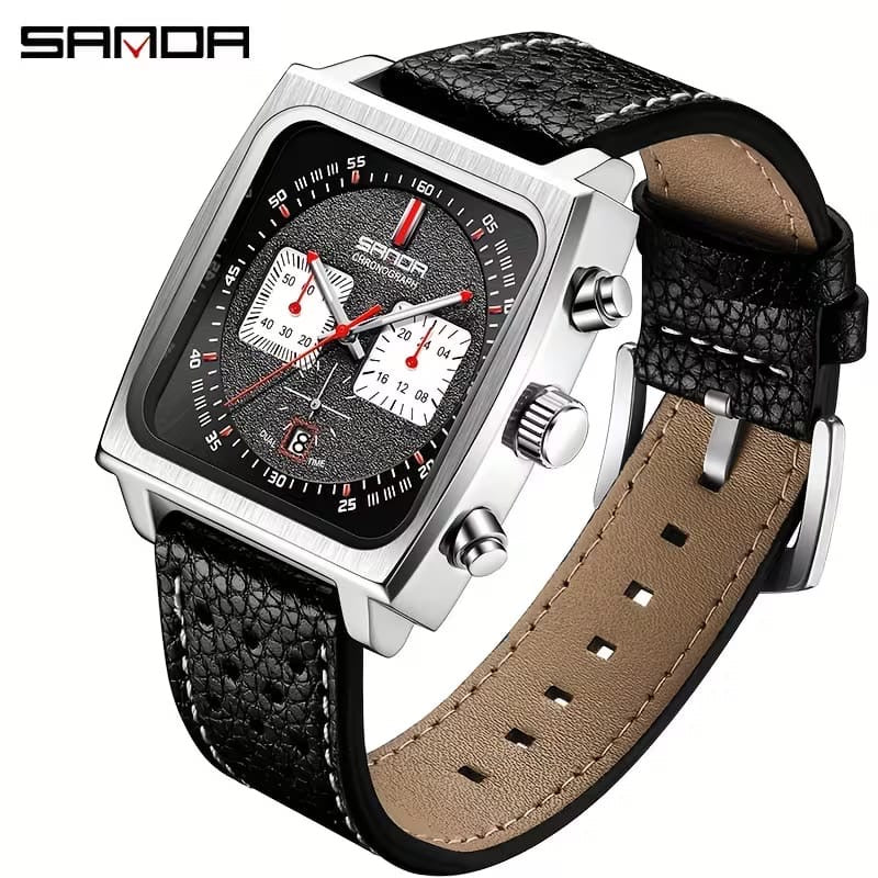 SANDA Square Chronograph Men’s Watch – Premium Steel Case & Leather Strap