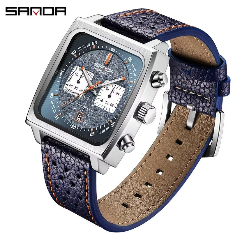 SANDA Square Chronograph Men’s Watch – Premium Steel Case & Leather Strap