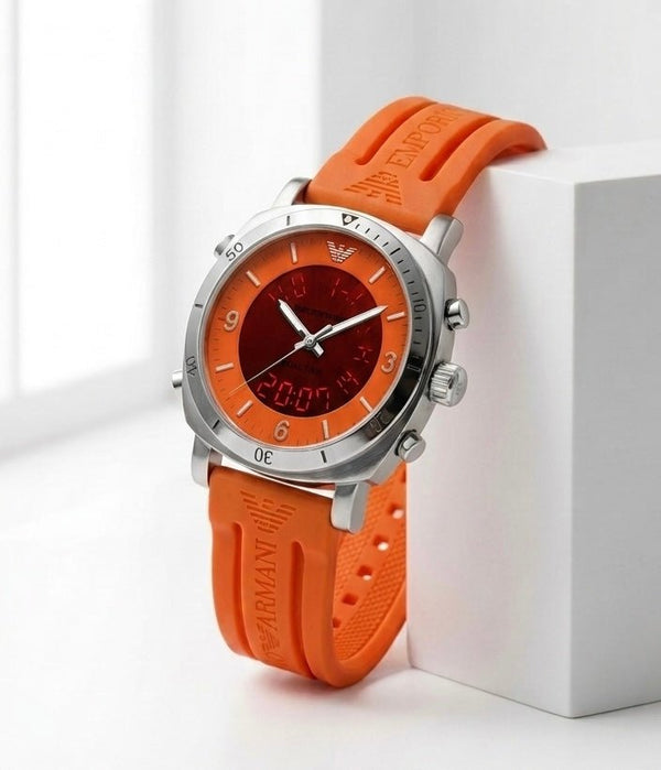 Emporio Armani Dual Time Sports Watch – Orange Edition - Sumalani Watch Center